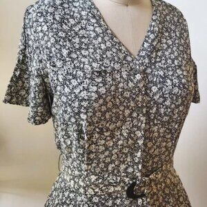 90's Liz Claiborne Black & White Floral Calico Botanical Print Midi Dress 10